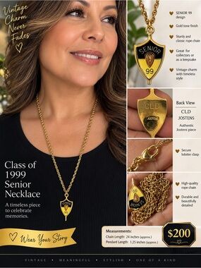 Vintage Class of 1999 Senior Shield Necklace - Gold Tone